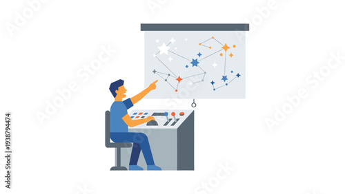 Man Presenting a Digital Star Map and Abstract Network Diagram at Control Panel