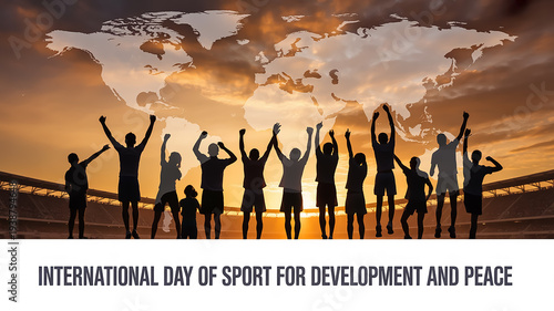 International Day of Sport for Development and Peace celebration concept, silhouette of diverse athletes jumping and raising hands at sunrise