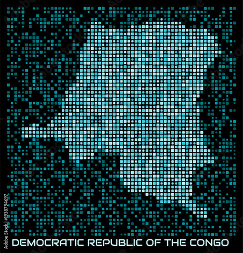 Democratic Republic of the Congo digital dotted map. Shape of the country in cyan color palette on dark background. Futuristic Democratic Republic of the Congo map design. Vector illustration.