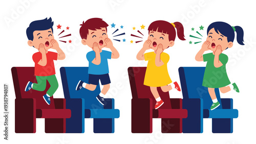 Excited Kids Cheering Loudly in Theater Seats Expressing Joy and Enthusiasm