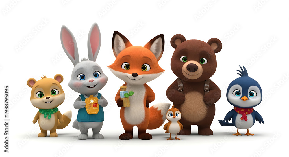 Naklejka premium Group of cartoon forest animals standing together.