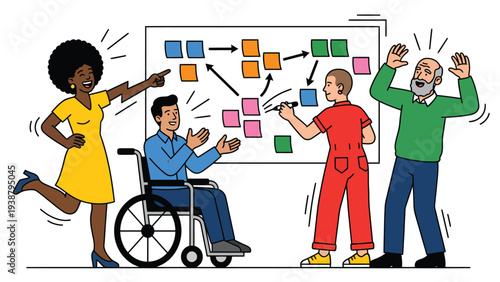 Diverse Team Collaborating on Project Strategy with Sticky Notes on Whiteboard