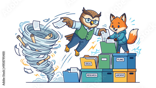 Cute Owl and Fox Team Up to Tame Paperwork Chaos for Efficient Organization