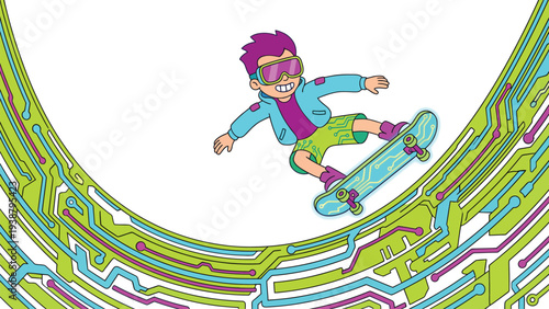 Extreme Sports Kid Riding Skateboard on Futuristic Circuit Board Curve
