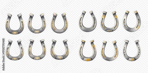 Set of metal horseshoes with nails, vector illustration of lucky symbols for good fortune.