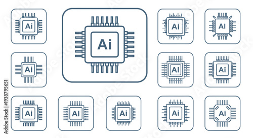 Set of artificial intelligence processor icons featuring various chip designs with text for high tech hardware microcircuitry computer engineering projects