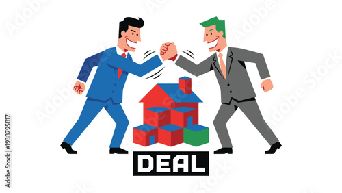 Businessmen Wrestling for Property Deal Real Estate Negotiation Competition