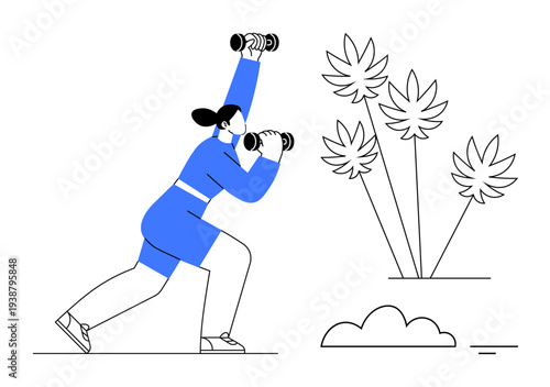 Outdoor fitness. Woman lifting dumbbells while exercising in nature. Outdoor fitness s staying active, health improvement, and nature connections. For wellness, fitness classes, health campaigns