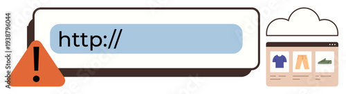 Cybersecurity, online safety, phishing prevention, web browsing security, data protection, e-commerce. Warning icon beside HTTP address and shopping interface. Cybersecurity and online safety concept