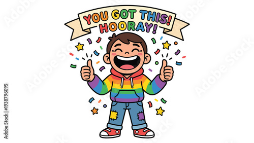 Excited Child Celebrating Achievement with Thumbs Up and Rainbow Confetti