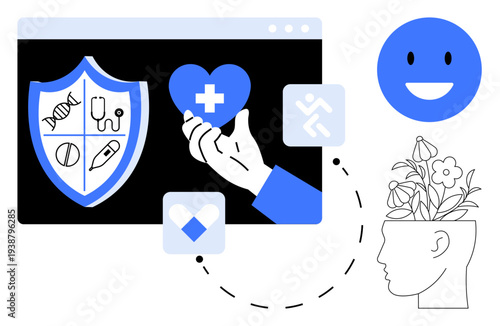 Shield with medical symbols, hand holding heart with cross, happy face, and blossoming mind outline. Ideal for health, wellness, therapy, care mindfulness education positivity. Simple flat