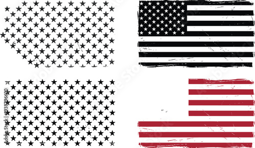 Grunge American flag elements with stars and stripes pattern, USA patriotic vector set for independence day design and national celebration