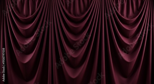 A luxurious dark red velvet curtain with elegant folds and draping