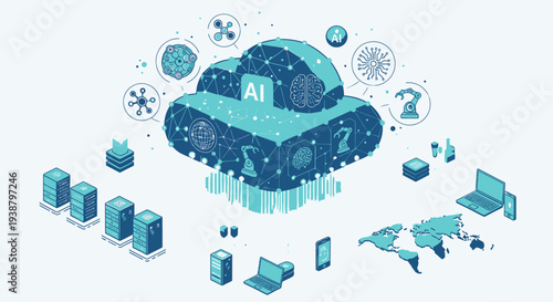 Isometric cloud computing network illustration showing global connectivity servers robotic arms and smart devices for digital transformation ecosystem concept