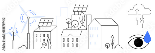 Renewable energy concept. Renewable energy sources, including solar panels and wind turbines, integrated into a sustainable cityscape. Renewable solutions for urban sustainability, environmental