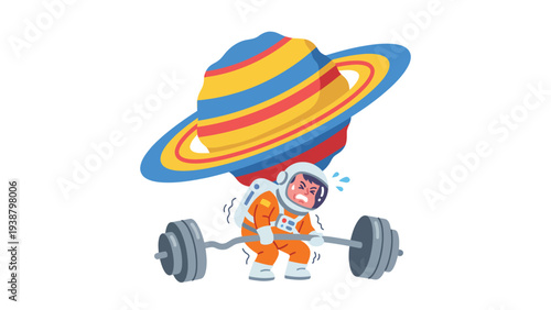 Astronaut Struggling to Lift Heavy Planet Weight Space Exploration Challenge Concept