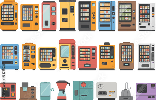 Collection of colorful vending machines and coffee makers with snack and drink dispensers isolated modern automatic retail equipment vector illustration