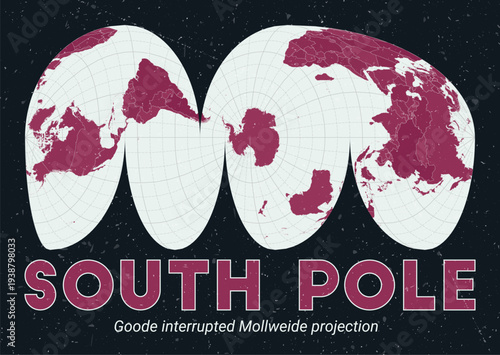 South Pole. World map. Goode interrupted Mollweide projection centered to South Pole. Pale Mint Dark Pink palette. Vintage texture. Stylish vector illustration.
