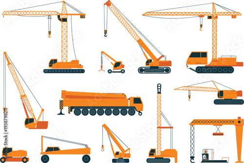 Construction crane vehicles collection, industrial lifting equipment trucks and tower cranes set for building engineering heavy machinery vector illustration