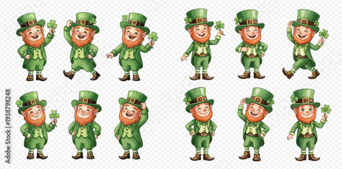 Set of cute cartoon leprechauns in various poses holding shamrocks, perfect for St. Patrick's Day designs and Irish-themed celebrations.