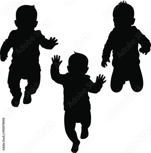 Cute baby jumping silhouette illustration, toddlers playing and jumping poses, happy childhood activity concept, kids movement isolated, children silhouette vector collection design