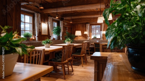 Cozy wooden dining area with bright plants and soft lighting perfect for a rustic restaurant atmosphere