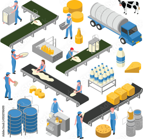 Dairy factory production process with workers, milk processing, cheese manufacturing, conveyor system and delivery truck isometric vector illustration