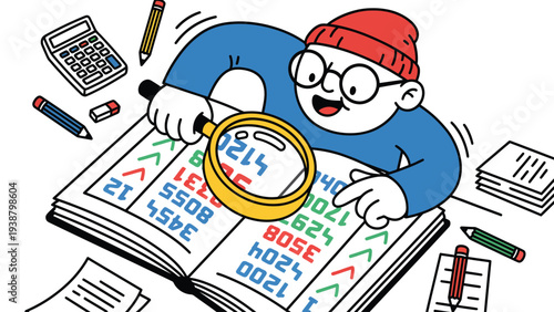 Curious Character Examines Financial Data with Magnifying Glass Embracing Research and Analysis