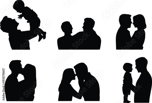 Family love silhouette collection, couple romance and parent child bonding moments, father lifting baby, happy relationship and parenting concept vector illustration set