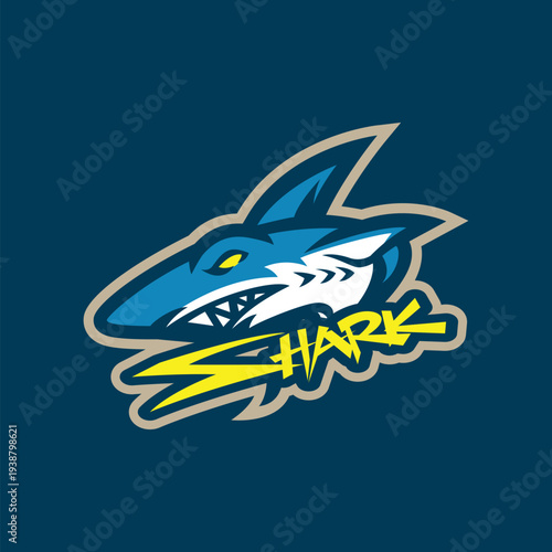 Shark mascot logo design vector. Blue shark illustration for sport team.