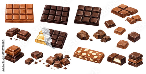 A charming watercolor collection of chocolate bars and broken chocolate pieces for sweet dessert illustrations and confectionery design.