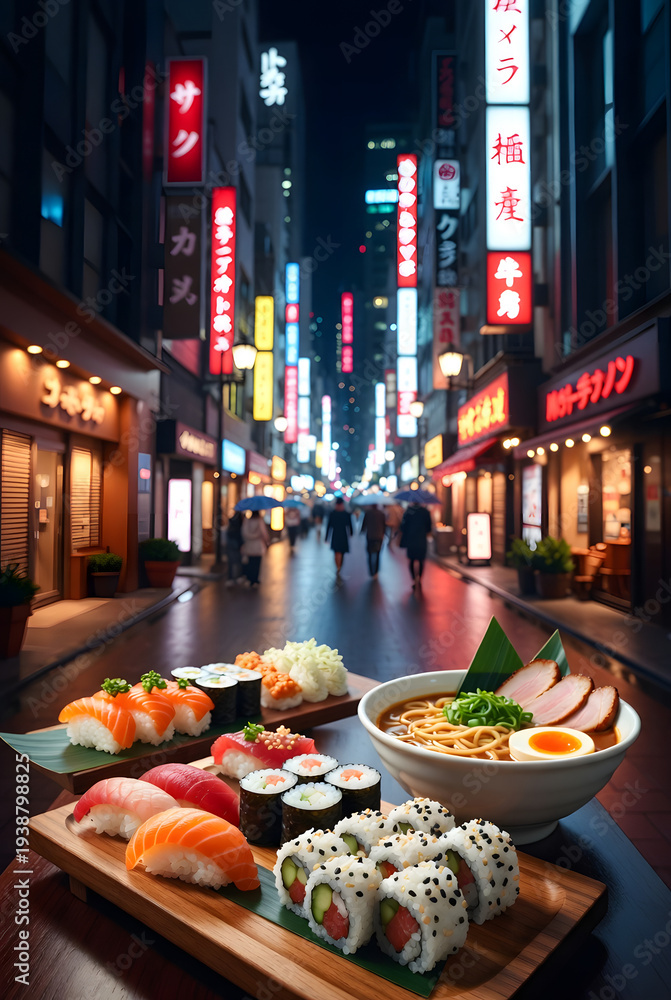 Fototapeta premium Sushi Platter and Ramen Bowl on Wooden Table in Neon Lit Japanese Street at Night