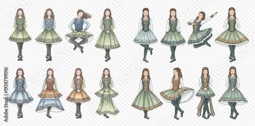 Set of illustrations of girls in traditional Irish dance dresses performing various steps and poses on a white background.