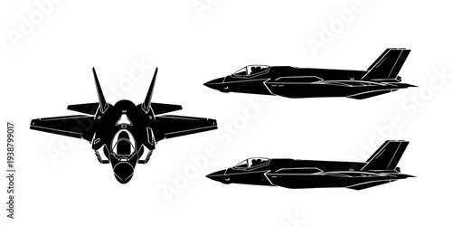 Set of icons of the fighter plane f35 line, silhouette, black color isolation, top, front and side view. F-35 Lightning II model. War plane icon.
