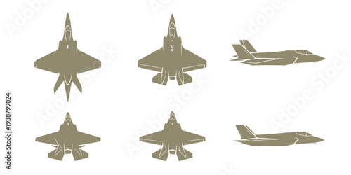 Set of icons of the fighter plane f35 line, silhouette, black color isolation, top, front and side view. F-35 Lightning II model. War plane icon.
