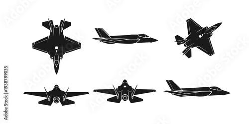 Set of icons of the fighter plane f35 line, silhouette, black color isolation, top, front and side view. F-35 Lightning II model. War plane icon.
