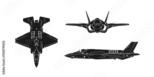 Set of icons of the fighter plane f35 line, silhouette, black color isolation, top, front and side view. F-35 Lightning II model. War plane icon.
