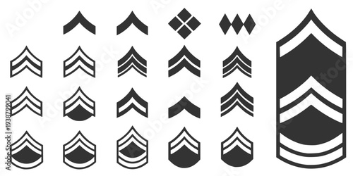 A complete set of army ranks from private to the highest rank of sergeant, a set of icons of military army ranks in black.
