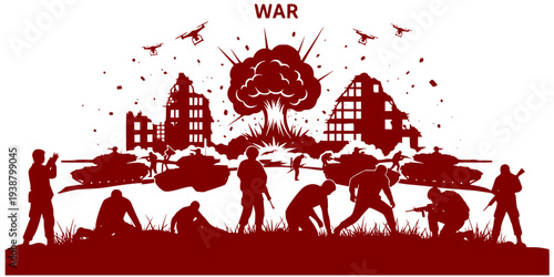 War icon in the form of a black silhouette, war icon with war victims, tanks, soldiers, drones, explosion and ruins from war, consequences of war vector.