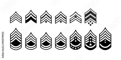 A complete set of army ranks from private to the highest rank of sergeant, a set of icons of military army ranks in black.
