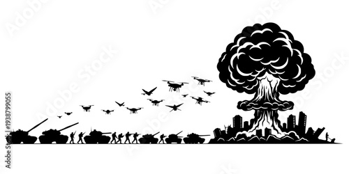 War icon in the form of a black silhouette, war icon with war victims, tanks, soldiers, drones, explosion and ruins from war, consequences of war vector.
