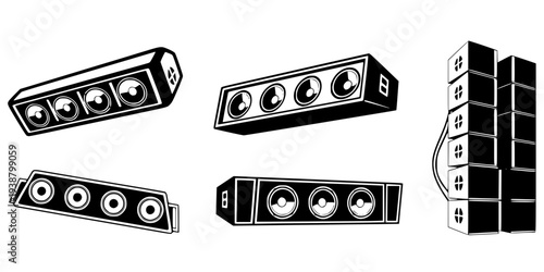 speaker in Three styles vector set line art, silhouette and color version with varying design styles
