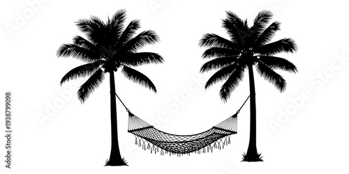 A playful scene depicting two palm trees with a hammock stretched between them creating a smiling face on transparent background silhouette
