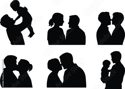 Family couple and parent child silhouettes set, romantic kiss and parenting love moments, happy relationship concept, mother father baby bonding vector illustration collection