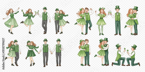 Collection of couples celebrating Saint Patrick's Day, with men and women in green costumes, dancing and holding hands.
