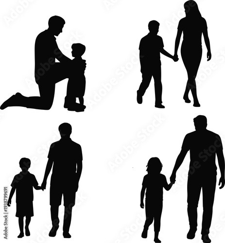 Family silhouettes set, father and children walking and playing, parent child relationship concept, black silhouette people collection, parenting love, family bonding vector illustration