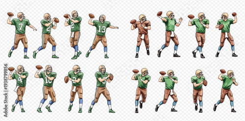 American football players in various throwing poses, showcasing dynamic action and athletic skill on the field.