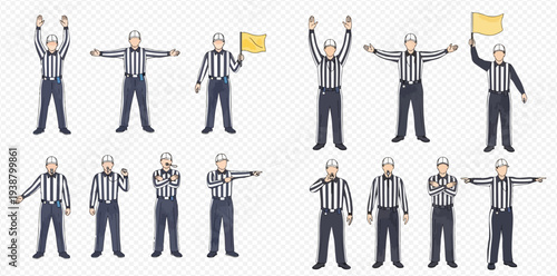 American football referee hand signals set for various game situations.