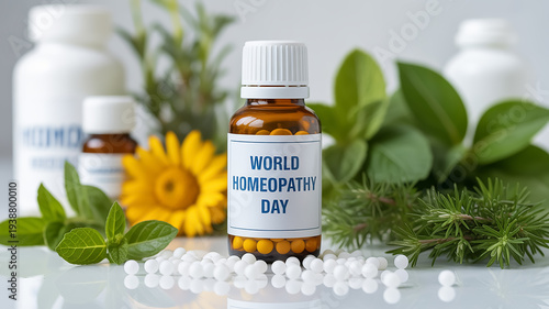 World Homoeopathy Day concept, large homeopathy medicine bottle in focus, surrounded by natural herbs and tiny homeopathic pills