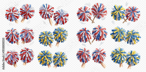 Watercolor collection of colorful pom-poms for cheerleading and sports events, perfect for celebrations and team spirit designs.